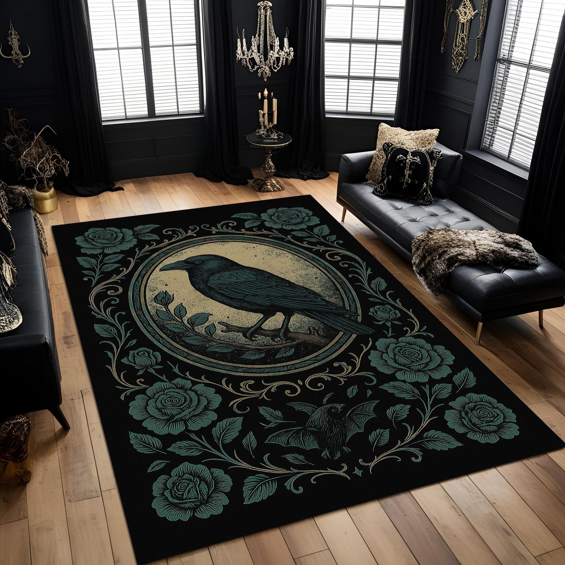 Gothic Floral Raven Area Rug: Dark Academia Washable Decor for Mystical Goth Rooms