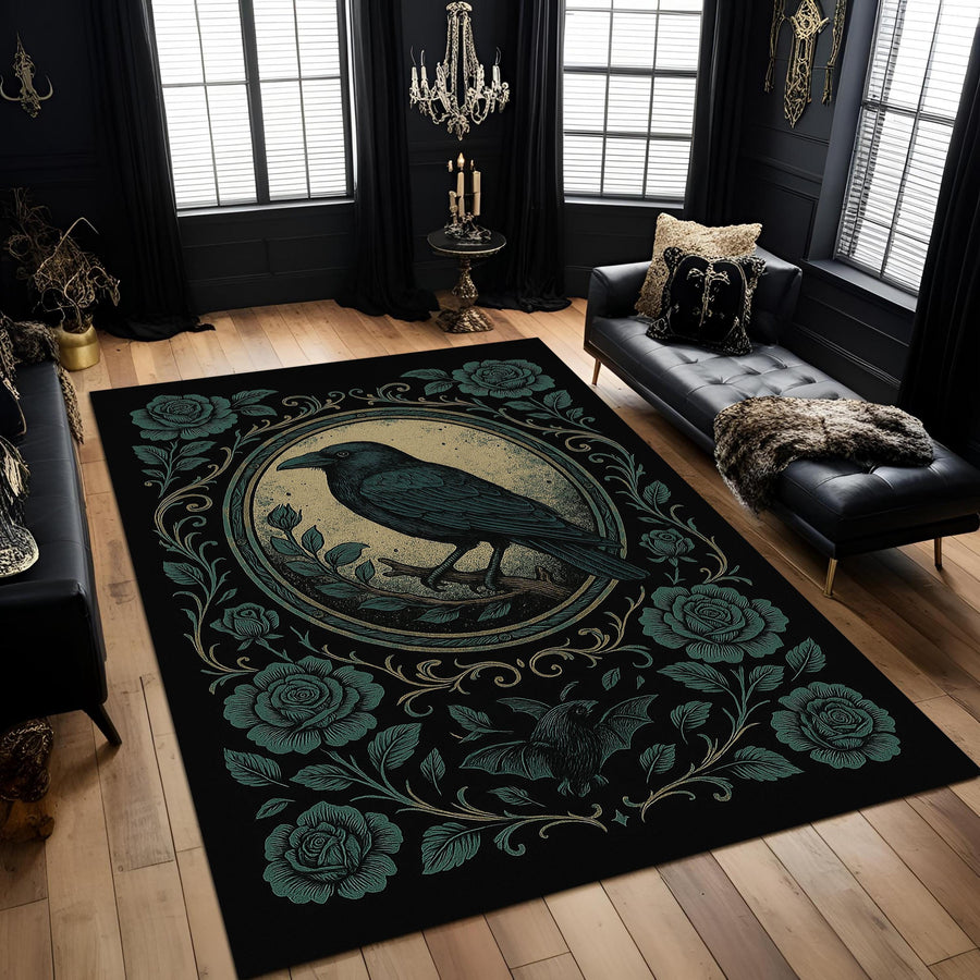 Gothic Floral Raven Area Rug: Dark Academia Washable Decor for Mystical Goth Rooms