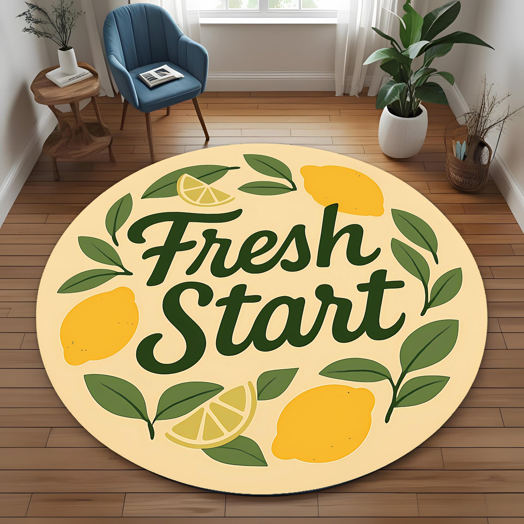 Fresh Start Round Rug: Minimalist Lemon Quote Rug for Entryway, Positive Morning Decor