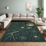 Astronomy Physics Rug, Science Formula Solar System Carpet, Dark Green Space Themed Living Room Rug, Telescope and Atom Decor
