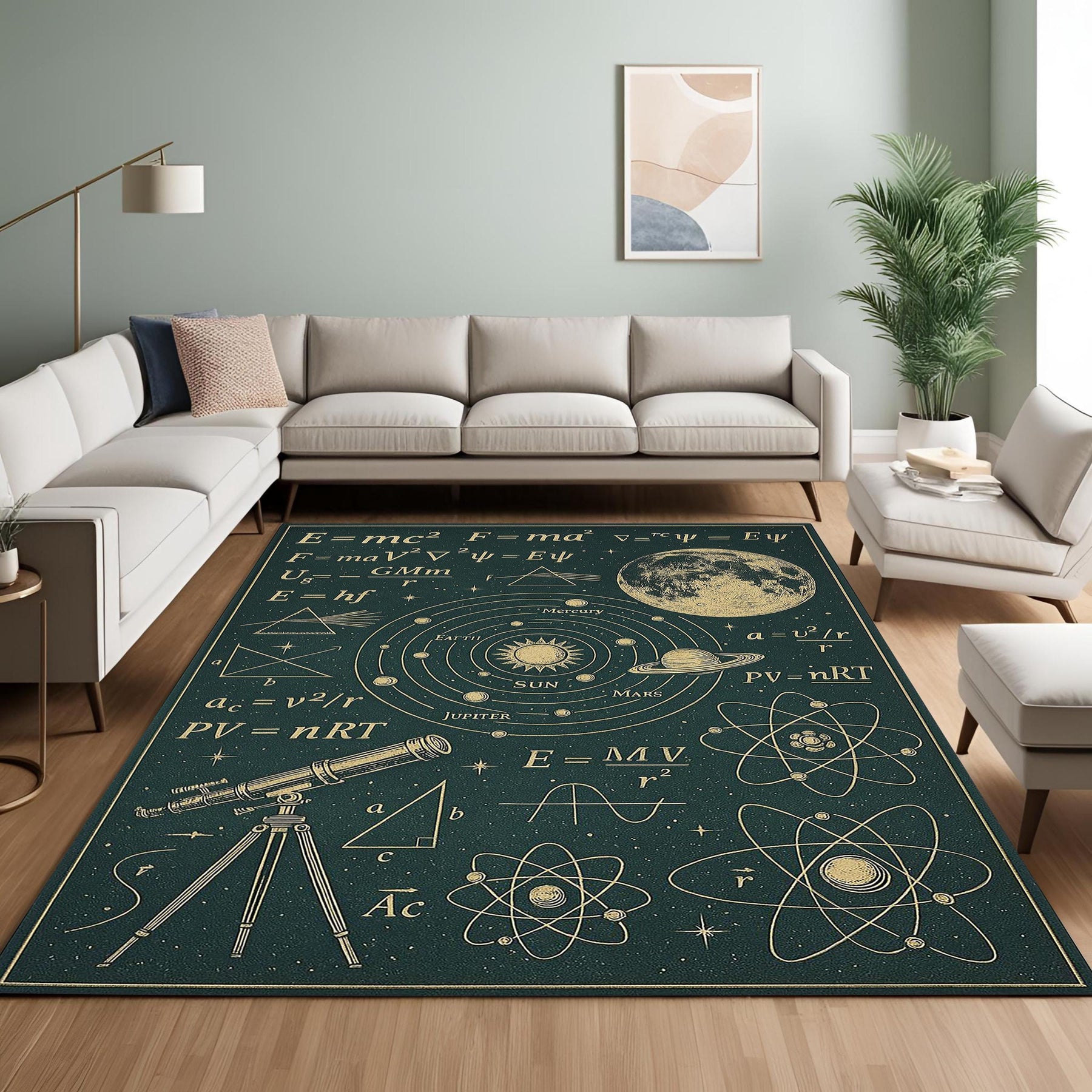 Astronomy Physics Rug, Science Formula Solar System Carpet, Dark Green Space Themed Living Room Rug, Telescope and Atom Decor