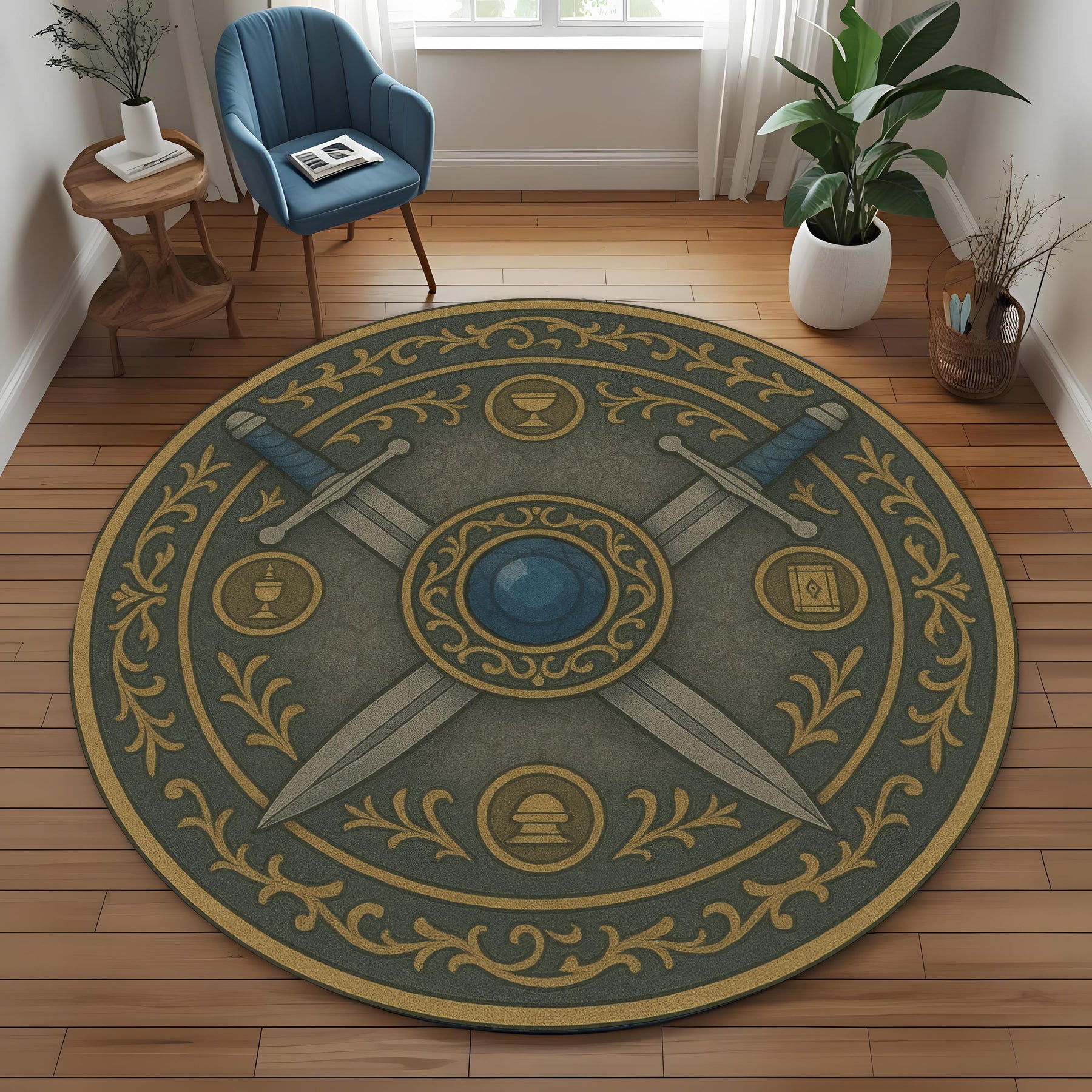 Medieval Tapestry Sword Rug, Round Warrior Crest Design Rug, Fantasy Rustic Home Decor