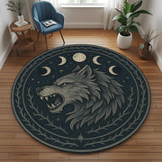 Moon Wolf Round Rug: Mystical Lunar Cycle Rug with Gothic Forest Motif and Midnight Werewolf Energy