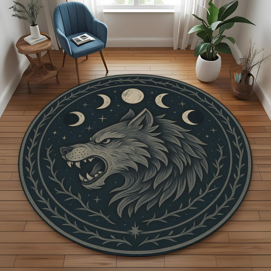 Moon Wolf Round Rug: Mystical Lunar Cycle Rug with Gothic Forest Motif and Midnight Werewolf Energy
