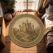 Medieval Castle Round Rug, Vintage Fortress Carpet, Tapestry Style Rug for Rustic Living Room, Library Corner Castlecore Inspired Interior