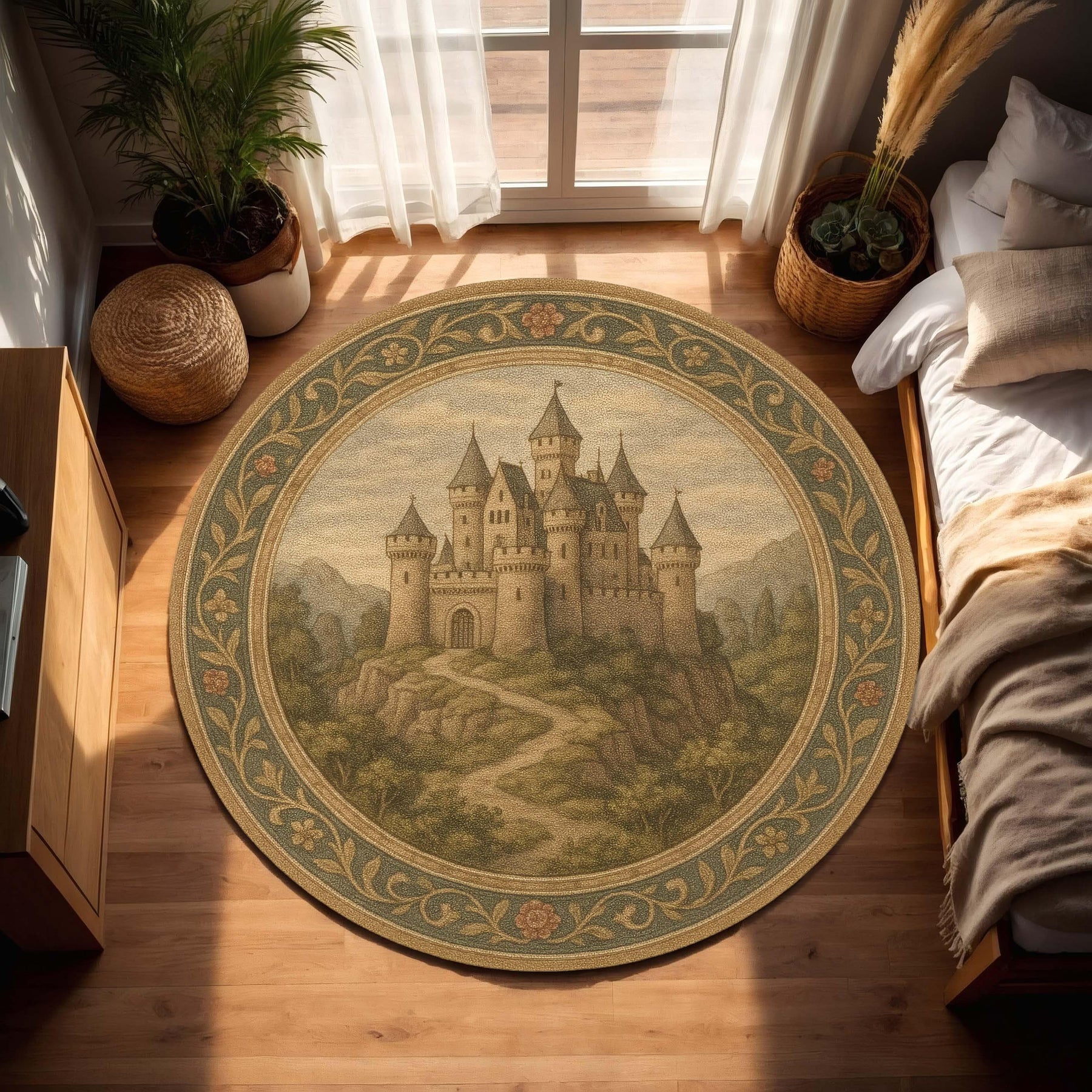 Medieval Castle Round Rug, Vintage Fortress Carpet, Tapestry Style Rug for Rustic Living Room, Library Corner Castlecore Inspired Interior