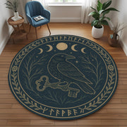Raven Moon Phase Round Rug: Gothic Occult Carpet with Key, Runes and Mystical Night Symbols for Dark or Witchy Room Decor