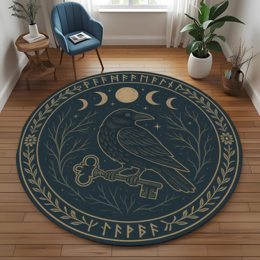Raven Moon Phase Round Rug: Gothic Occult Carpet with Key, Runes and Mystical Night Symbols for Dark or Witchy Room Decor