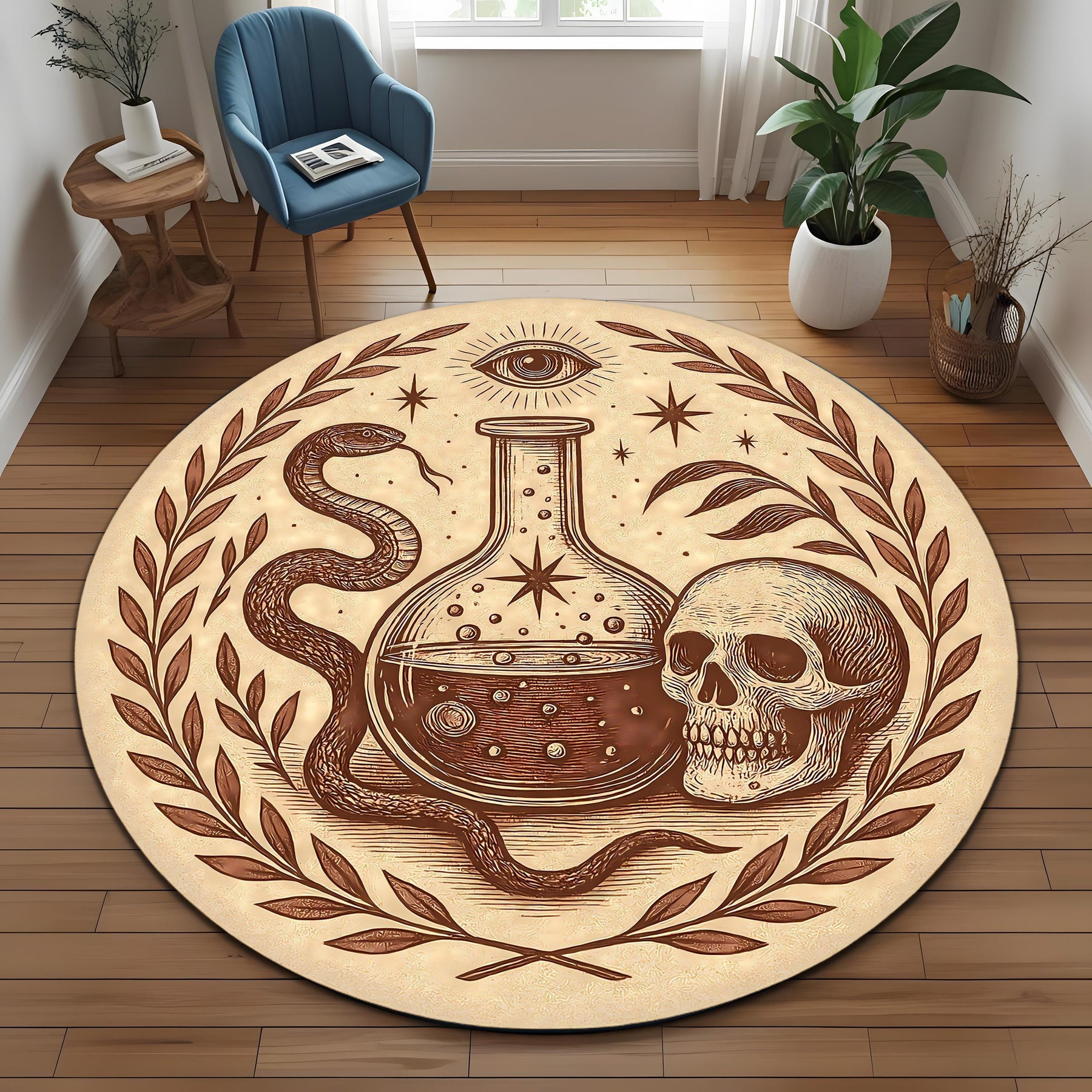 Occult Alchemy Round Rug: Snake, Skull And Potion Design For Gothic Living Room Or Witchy Decor