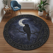 Mystical Raven Moon Round Rug: Gothic Night Sky Carpet With Crescent Moon and Crow for Witchy Room or Dark Aesthetic Decor
