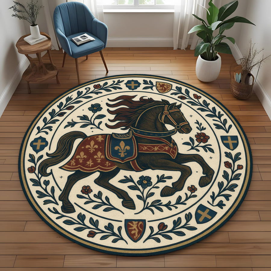 Medieval Knight Round Rug with Heraldic Horse Design, Vintage Tapestry Style Carpet for Living Room or Fantasy Themed Home Decor