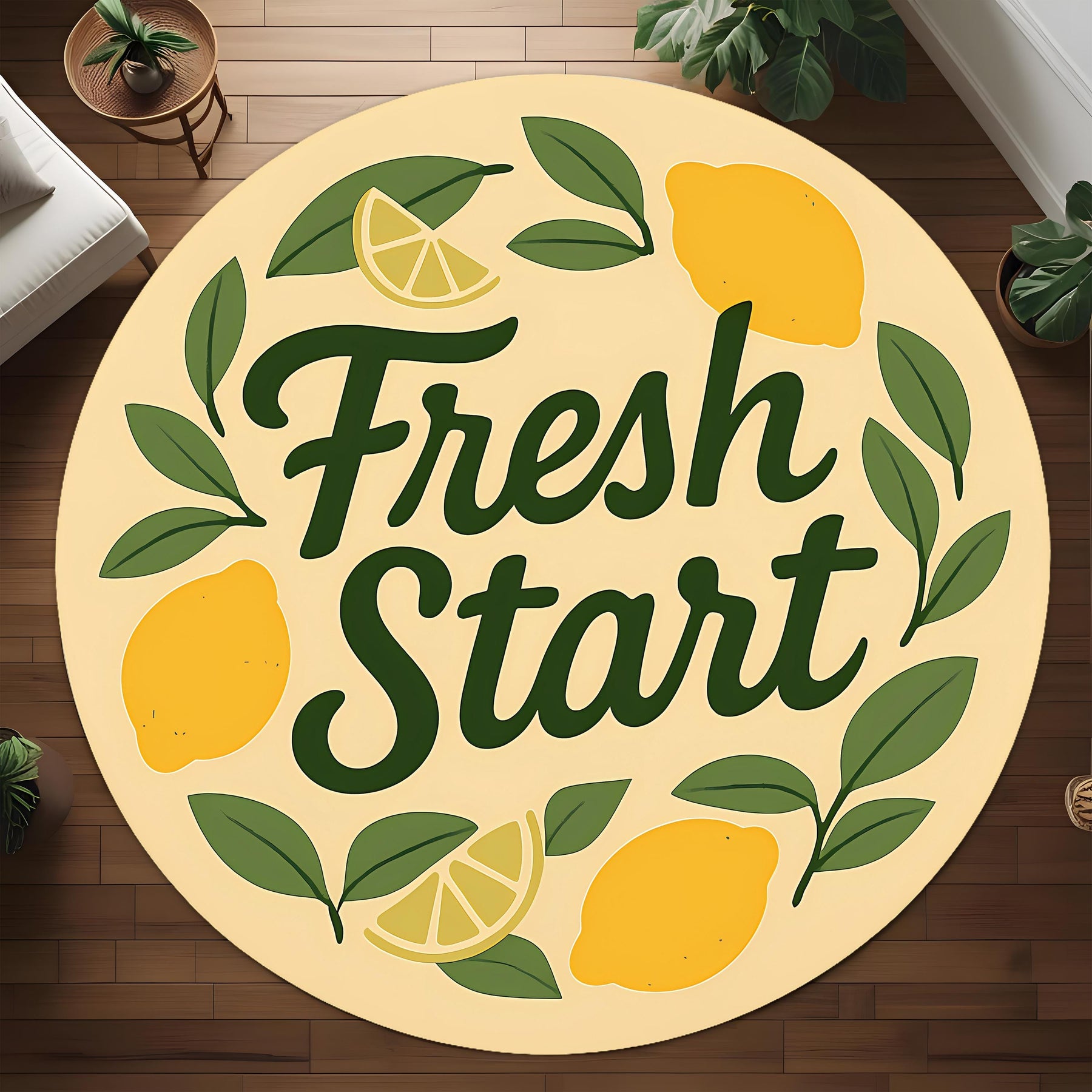 Fresh Start Round Rug: Minimalist Lemon Quote Rug for Entryway, Positive Morning Decor