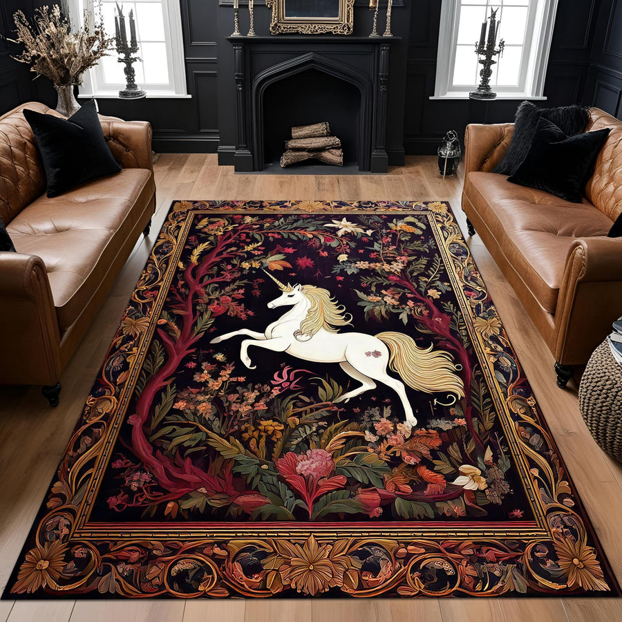 Elegant Unicorn Rug: Medieval Tapestry Style Carpet with Golden Floral Frame, Fantasy Horse Decor for Gothic or Fairytale Rooms