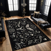 Dark Academia Gothic Rug, Witchy Black Skeleton Carpet, Mystical Floral Aesthetic Area Rug for Gothic Living Room or Occult Inspired Decor