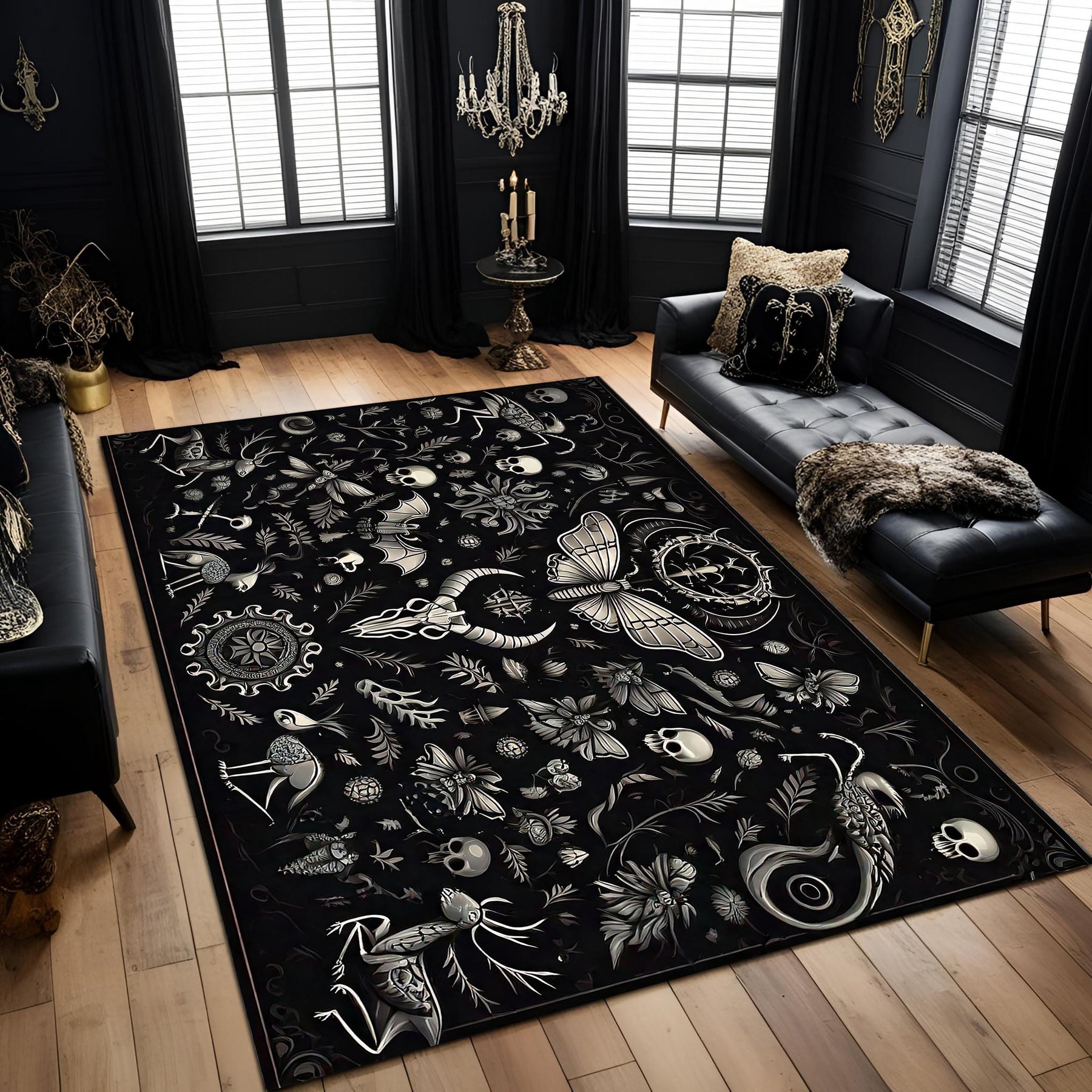 Dark Academia Gothic Rug, Witchy Black Skeleton Carpet, Mystical Floral Aesthetic Area Rug for Gothic Living Room or Occult Inspired Decor