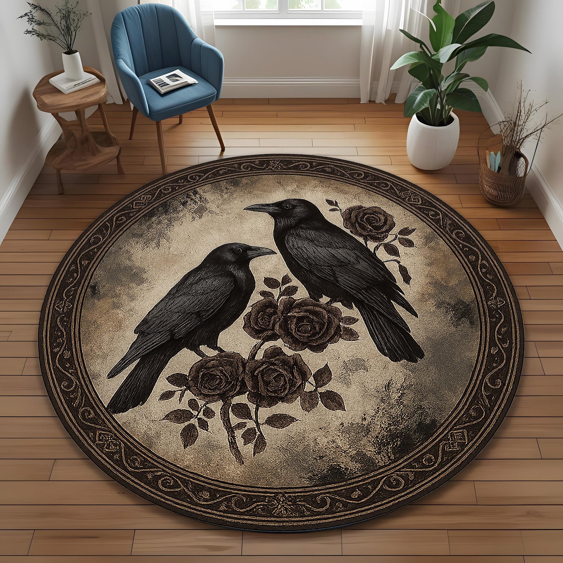 Gothic Raven Round Rug: Mystical Crow And Rose Carpet for Witchy Room, Dark Botanical Decor, Gothic Style Living Space