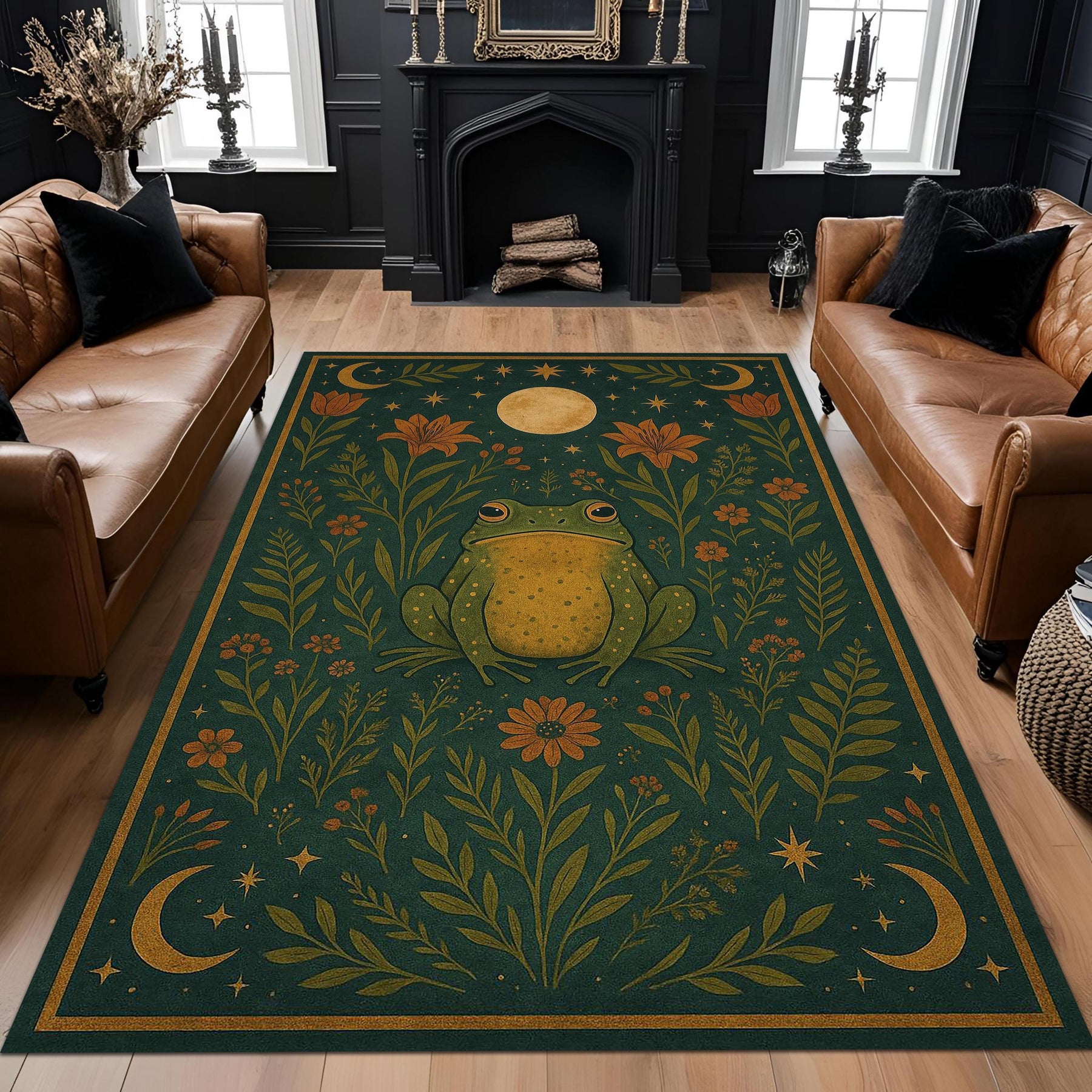 Mystic Frog Rug With Botanical Moon Design, Forest Green Celestial Carpet, Whimsical Nature Boho Living Room Decor