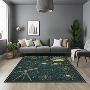 Astronomy Physics Rug, Science Formula Solar System Carpet, Dark Green Space Themed Living Room Rug, Telescope and Atom Decor