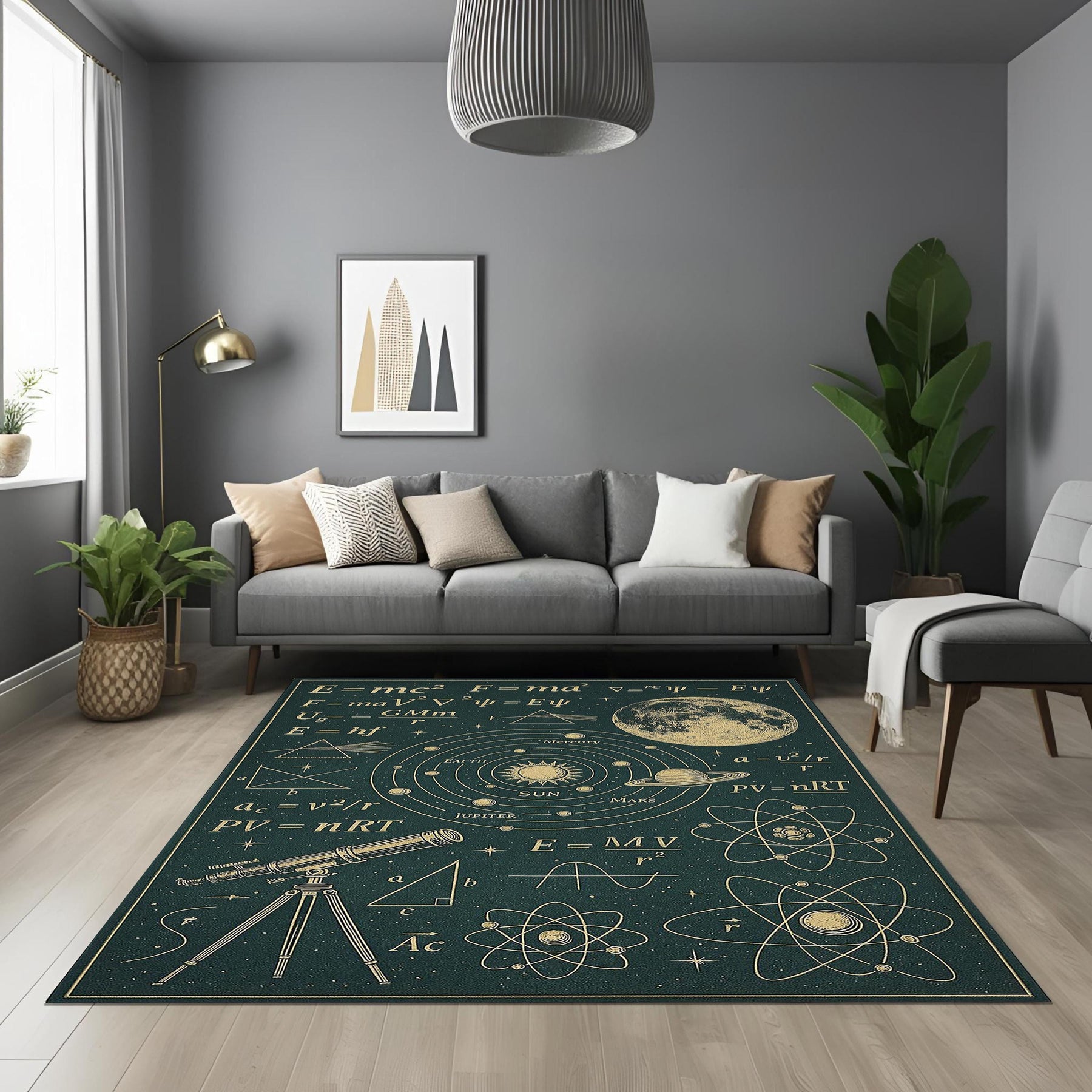 Astronomy Physics Rug, Science Formula Solar System Carpet, Dark Green Space Themed Living Room Rug, Telescope and Atom Decor