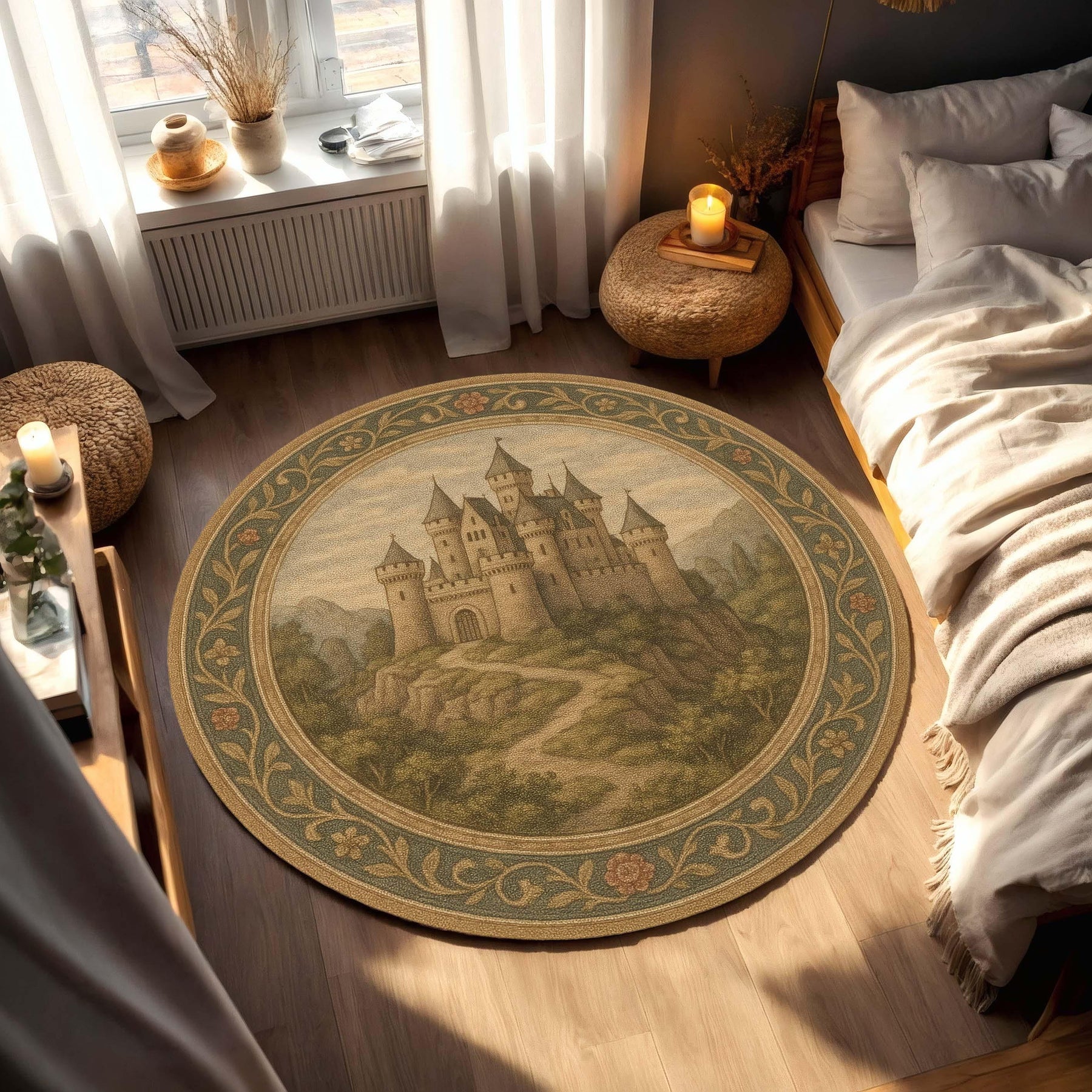 Medieval Castle Round Rug, Vintage Fortress Carpet, Tapestry Style Rug for Rustic Living Room, Library Corner Castlecore Inspired Interior