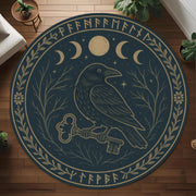 Raven Moon Phase Round Rug: Gothic Occult Carpet with Key, Runes and Mystical Night Symbols for Dark or Witchy Room Decor