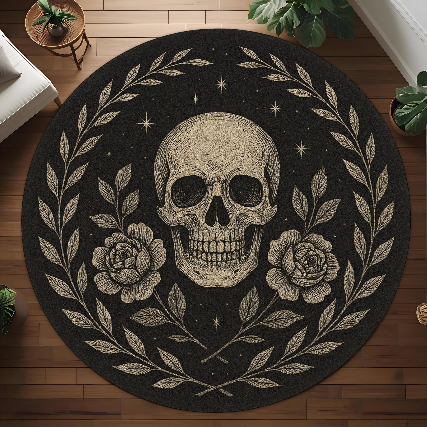 Floral Skull Round Rug: Gothic Rose And Skull Design Carpet For Mystical, Occult Or Dark Room Decor