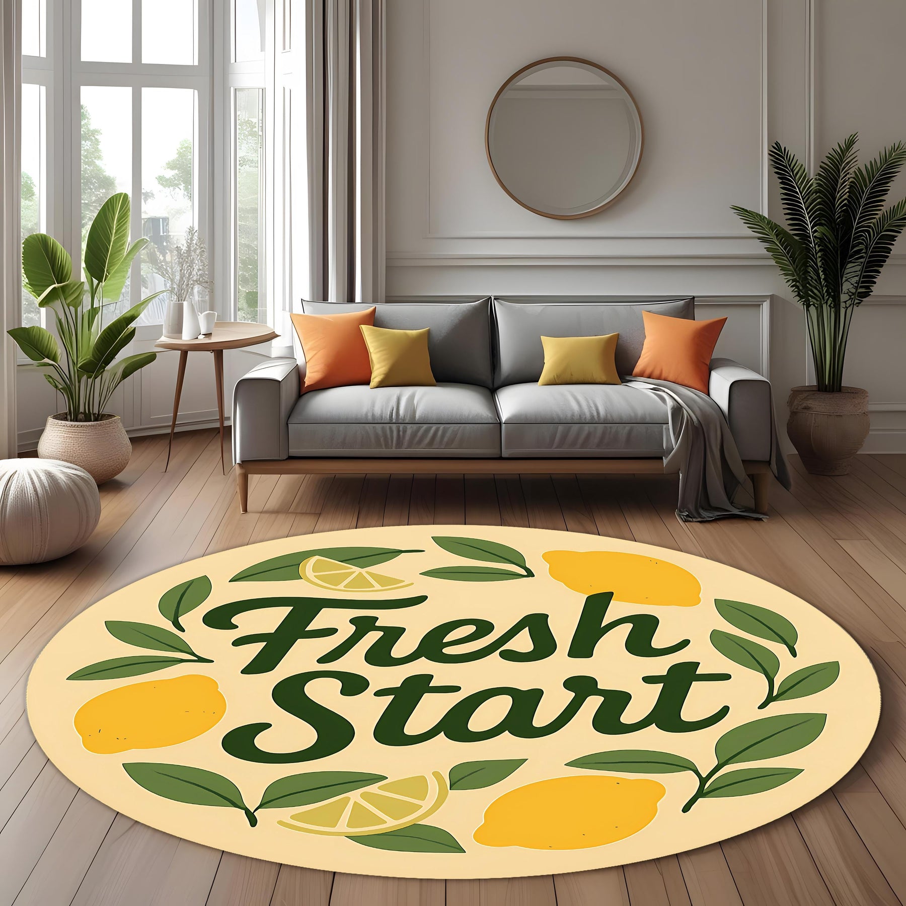Fresh Start Round Rug: Minimalist Lemon Quote Rug for Entryway, Positive Morning Decor