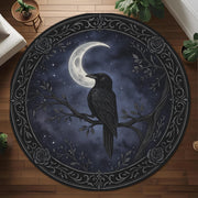Mystical Raven Moon Round Rug: Gothic Night Sky Carpet With Crescent Moon and Crow for Witchy Room or Dark Aesthetic Decor