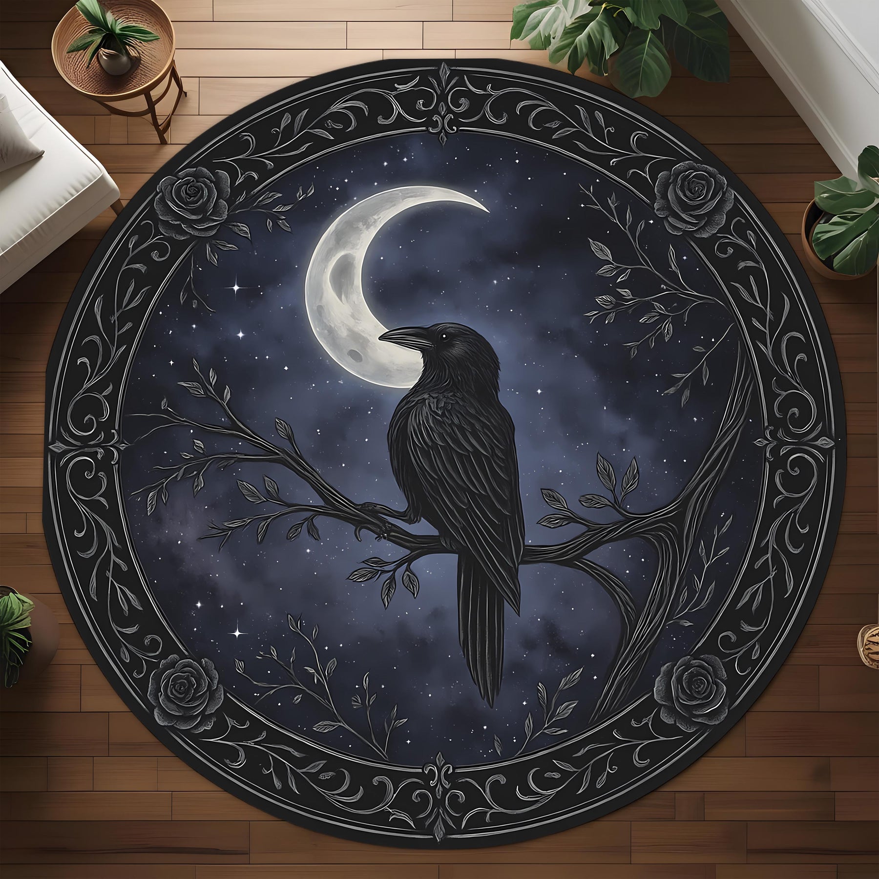 Mystical Raven Moon Round Rug: Gothic Night Sky Carpet With Crescent Moon and Crow for Witchy Room or Dark Aesthetic Decor