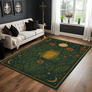 Mystic Frog Rug With Botanical Moon Design, Forest Green Celestial Carpet, Whimsical Nature Boho Living Room Decor