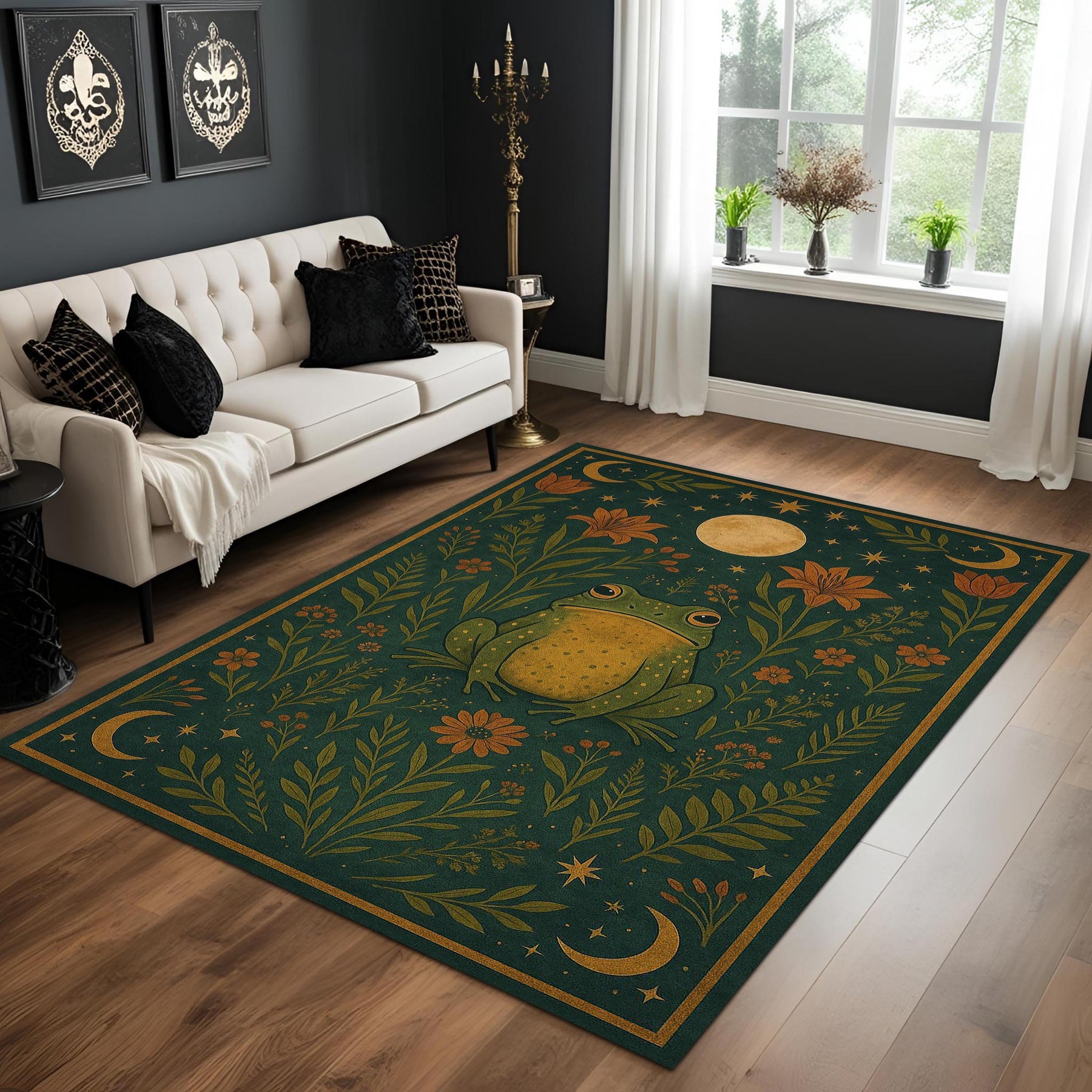 Mystic Frog Rug With Botanical Moon Design, Forest Green Celestial Carpet, Whimsical Nature Boho Living Room Decor