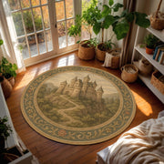 Medieval Castle Round Rug, Vintage Fortress Carpet, Tapestry Style Rug for Rustic Living Room, Library Corner Castlecore Inspired Interior