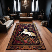 Elegant Unicorn Rug: Medieval Tapestry Style Carpet with Golden Floral Frame, Fantasy Horse Decor for Gothic or Fairytale Rooms