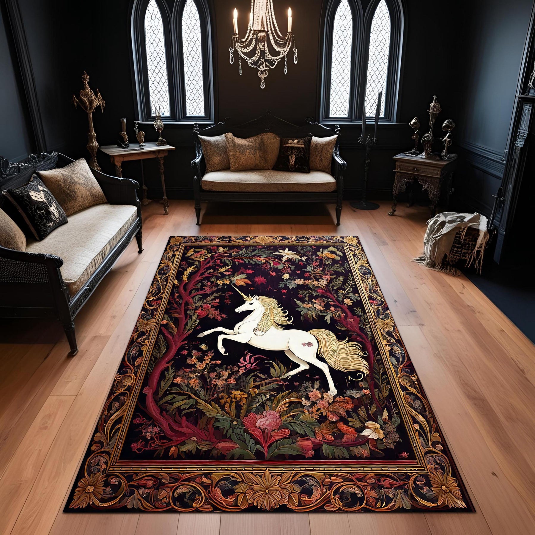 Elegant Unicorn Rug: Medieval Tapestry Style Carpet with Golden Floral Frame, Fantasy Horse Decor for Gothic or Fairytale Rooms