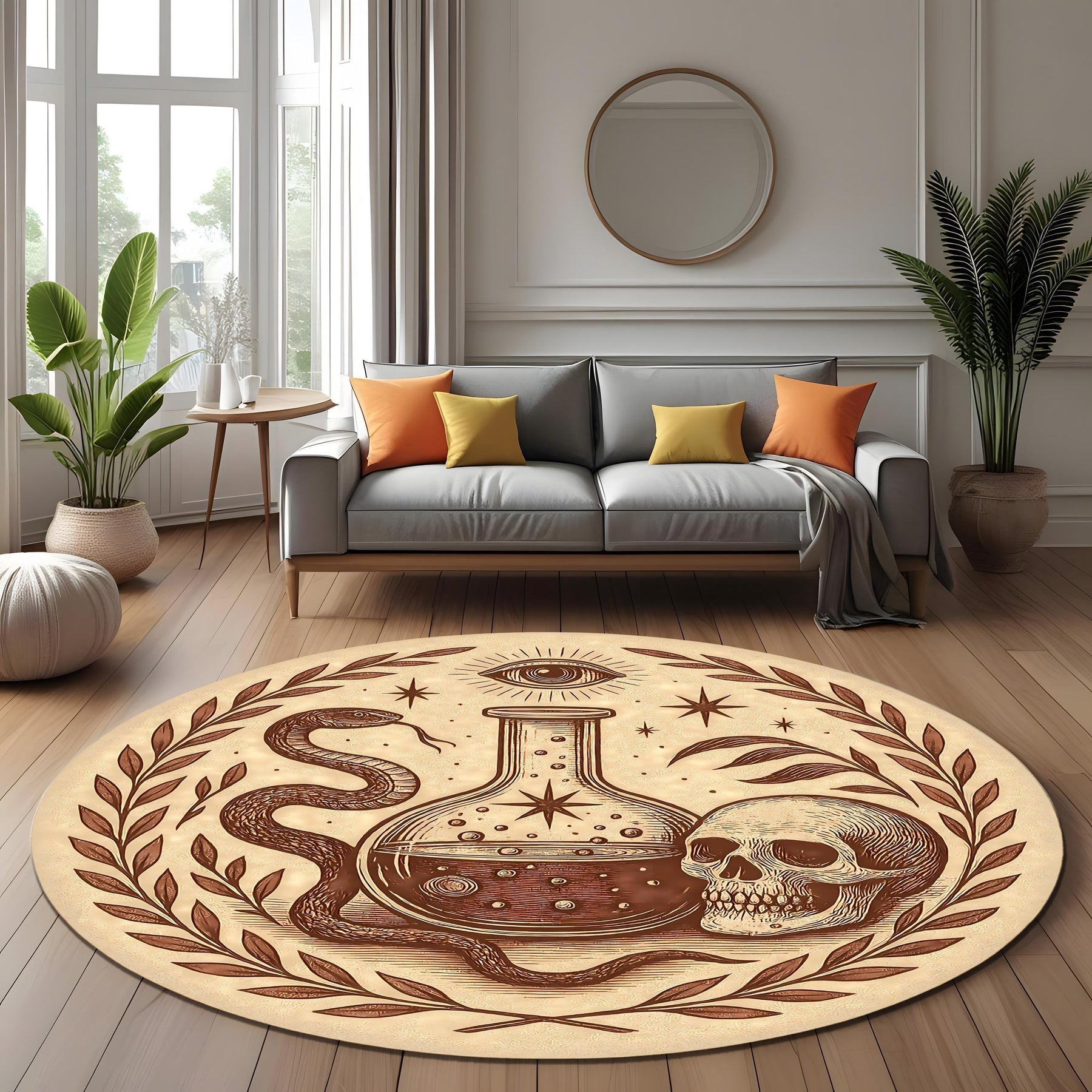 Occult Alchemy Round Rug: Snake, Skull And Potion Design For Gothic Living Room Or Witchy Decor