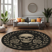 Floral Skull Round Rug: Gothic Rose And Skull Design Carpet For Mystical, Occult Or Dark Room Decor