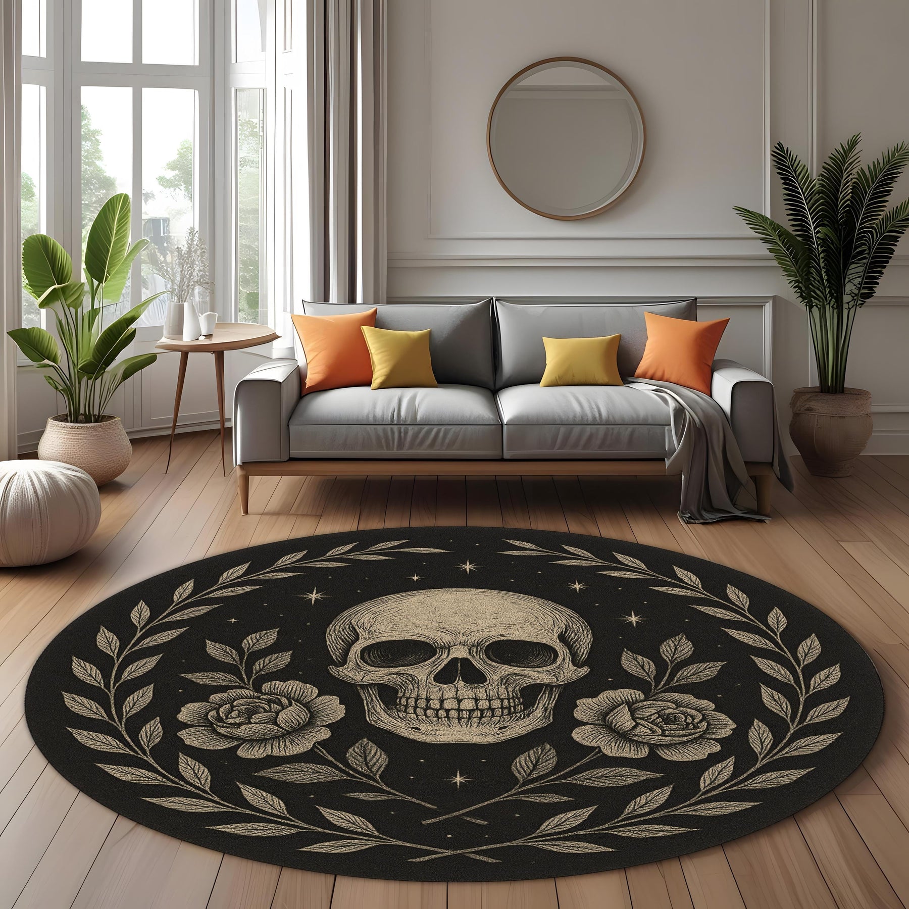Floral Skull Round Rug: Gothic Rose And Skull Design Carpet For Mystical, Occult Or Dark Room Decor