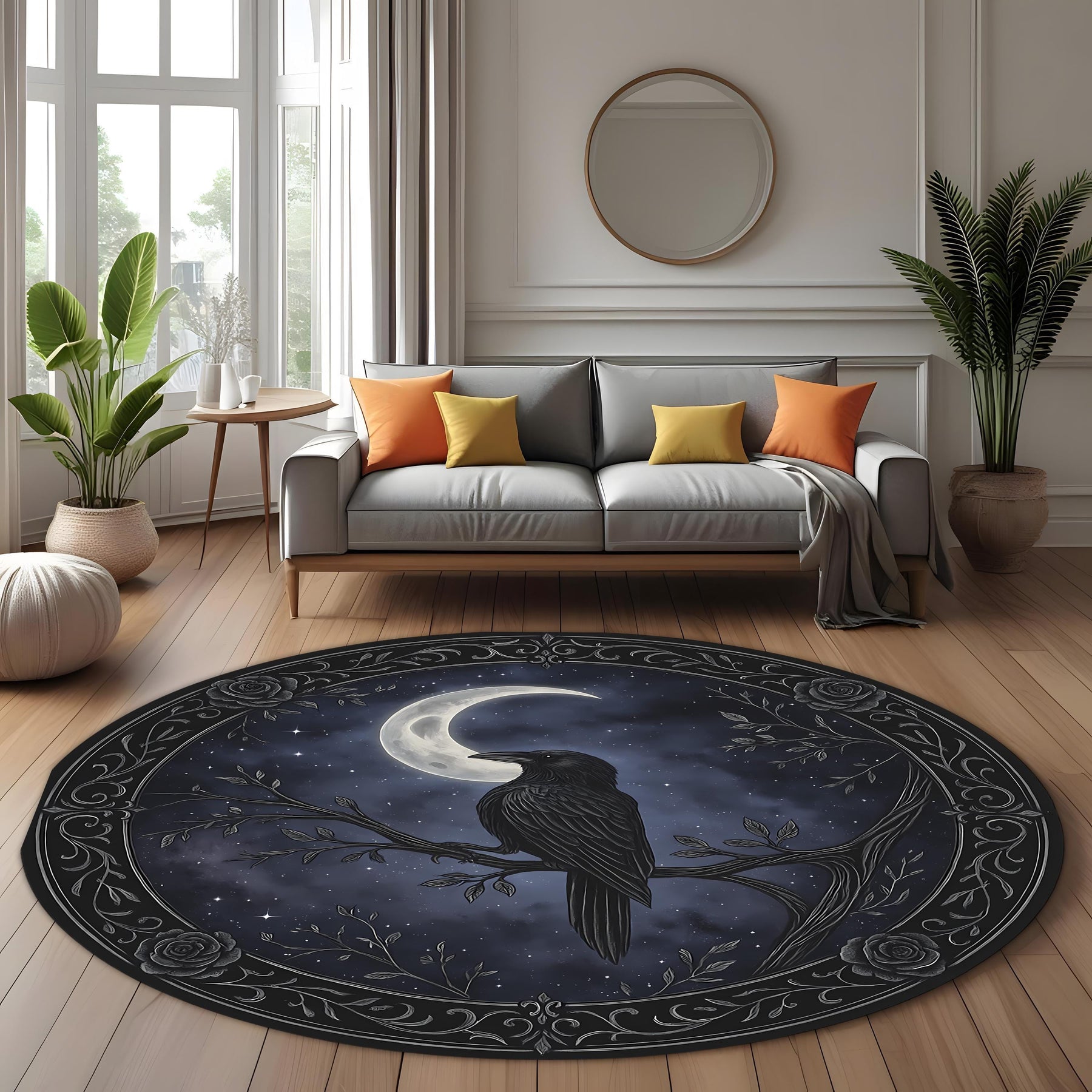 Mystical Raven Moon Round Rug: Gothic Night Sky Carpet With Crescent Moon and Crow for Witchy Room or Dark Aesthetic Decor