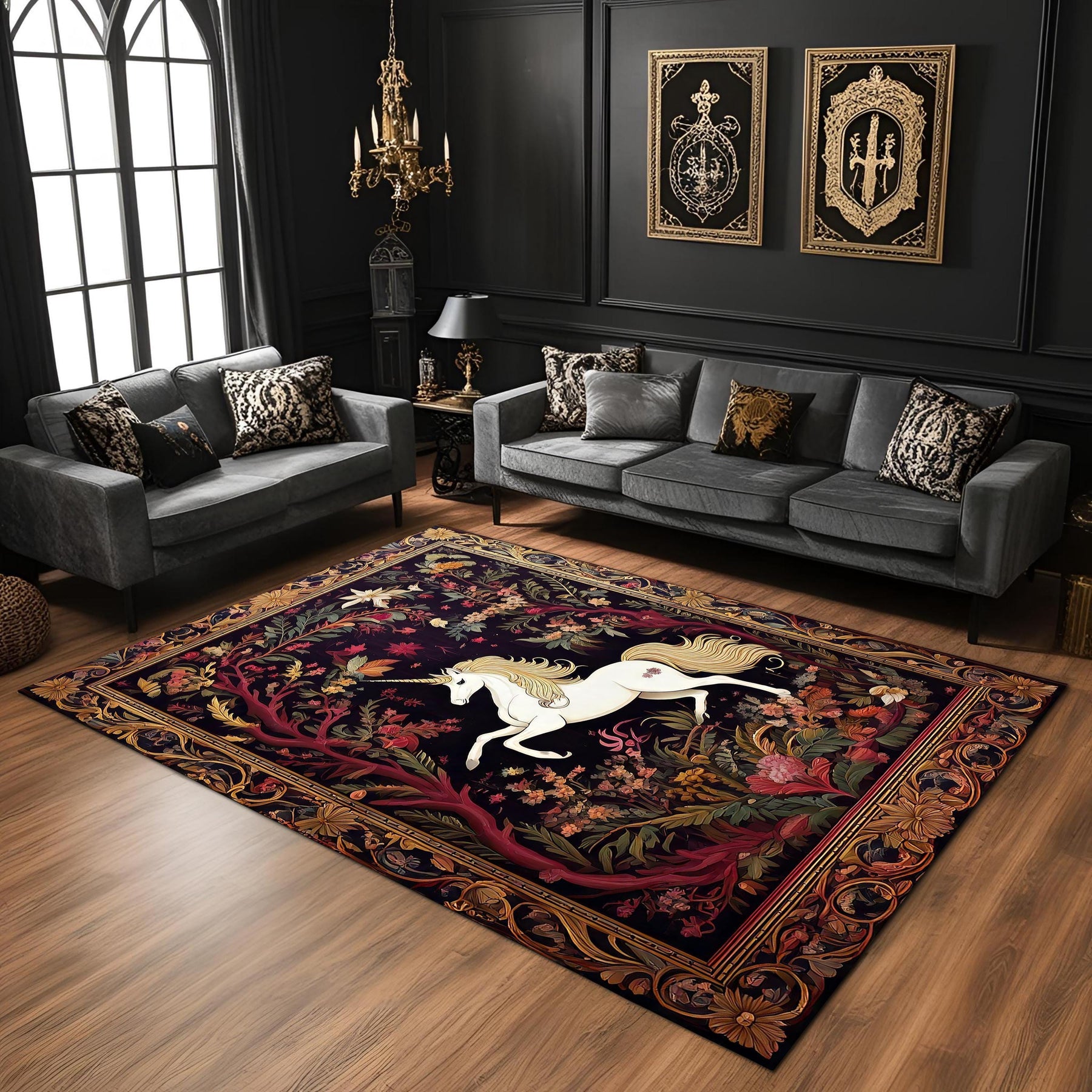 Elegant Unicorn Rug: Medieval Tapestry Style Carpet with Golden Floral Frame, Fantasy Horse Decor for Gothic or Fairytale Rooms