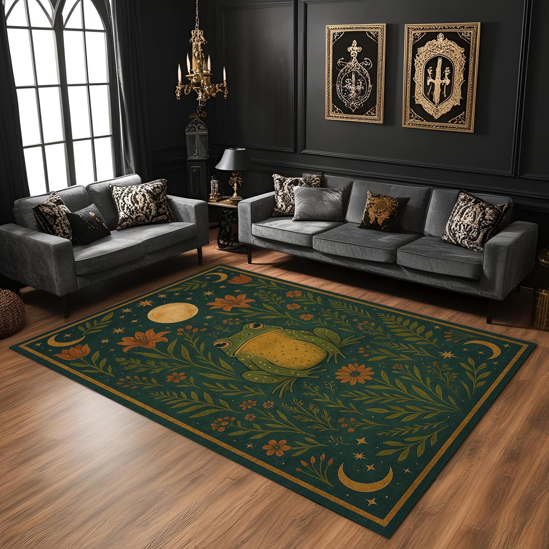 Mystic Frog Rug With Botanical Moon Design, Forest Green Celestial Carpet, Whimsical Nature Boho Living Room Decor