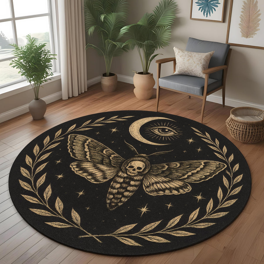 Death Moth Round Rug: Gothic Moth With Skull, Moon And Eye Design Carpet For Mystical And Occult Rooms