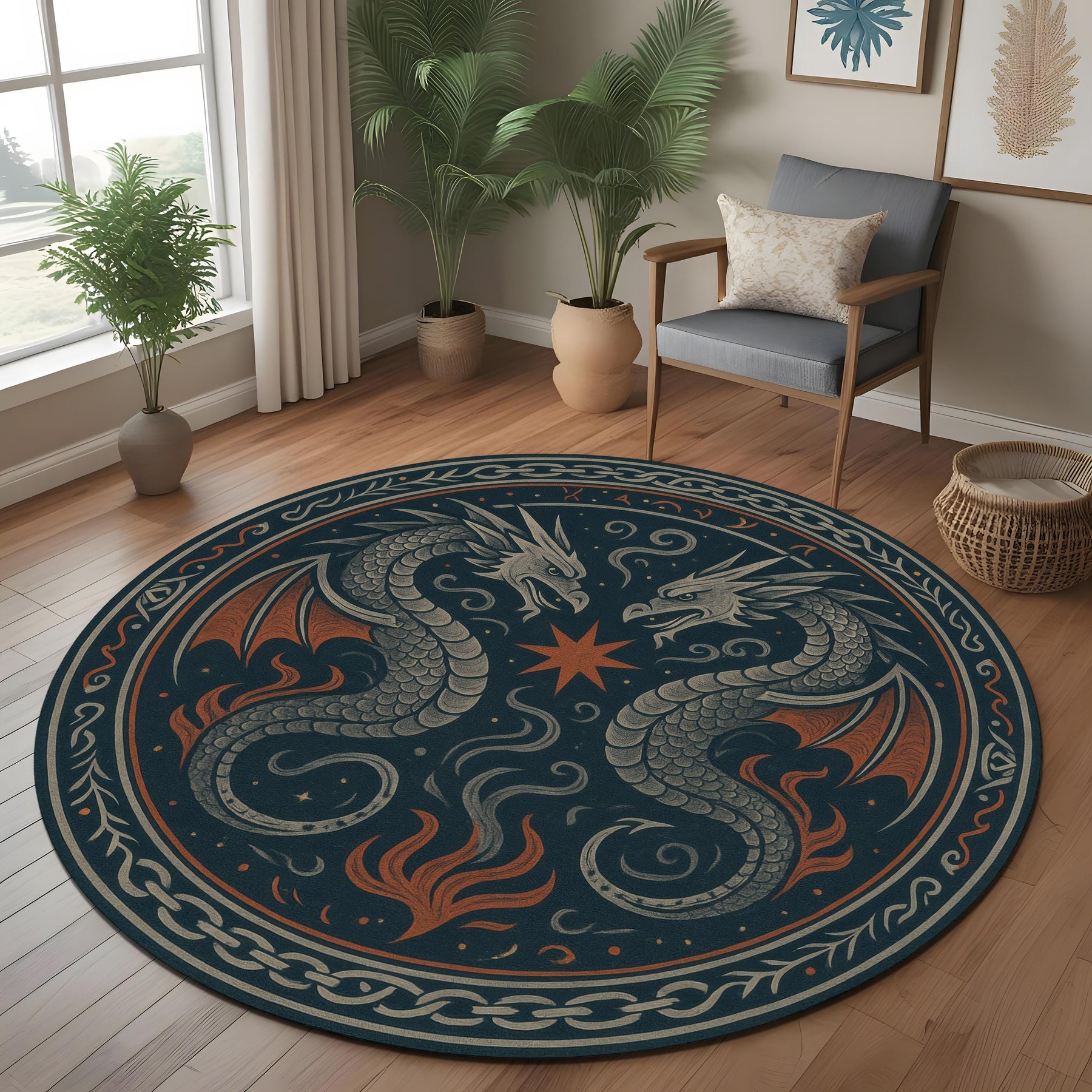 Medieval Tapestry Dragon Rug: Double Serpent Crest Round Rug with Star Symbol for Fantasy and Rustic Interiors