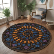 Medieval Tapestry Rose Window Rug: Round Cathedral Stained Glass Design Rug for Artistic or Gothic Interiors