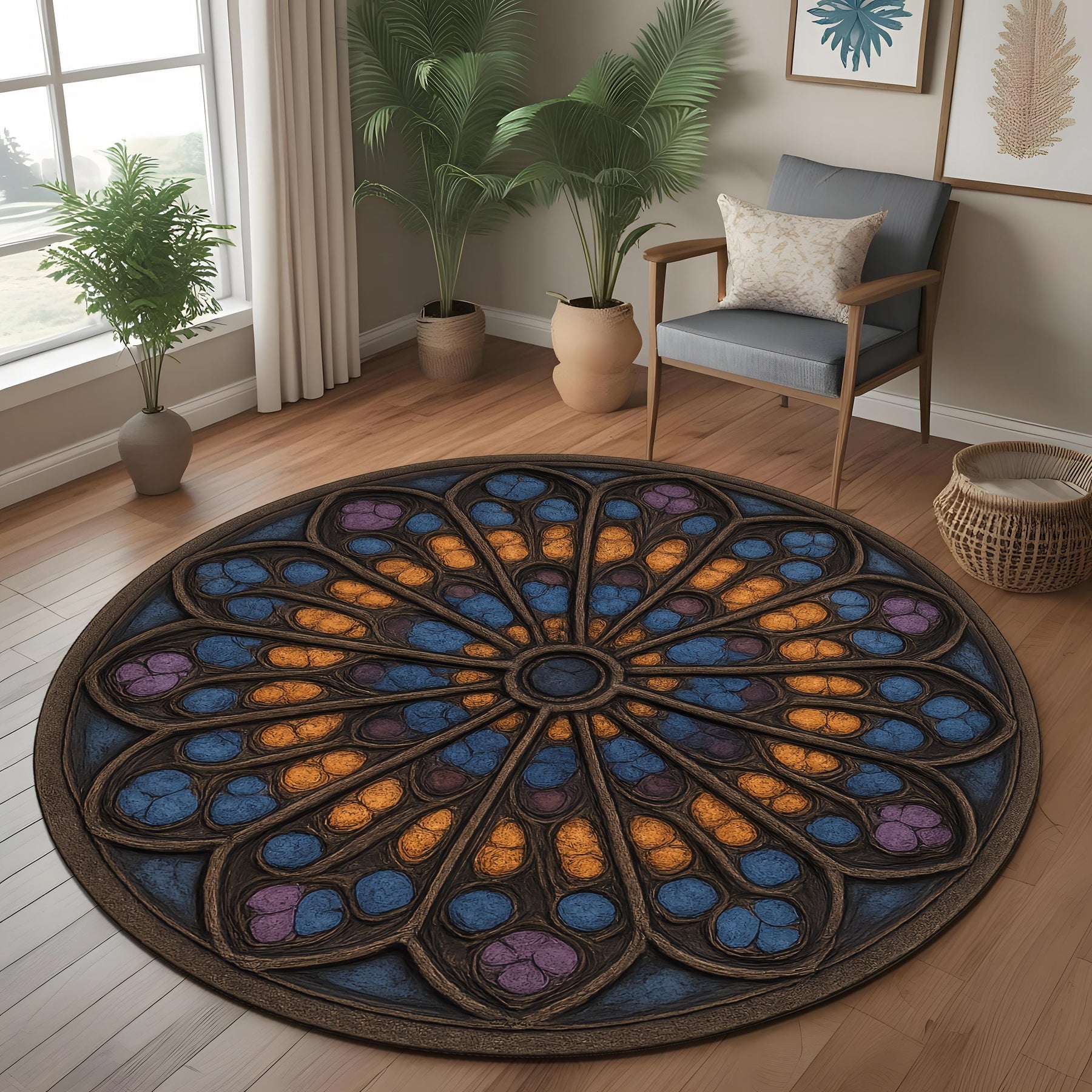 Medieval Tapestry Rose Window Rug: Round Cathedral Stained Glass Design Rug for Artistic or Gothic Interiors