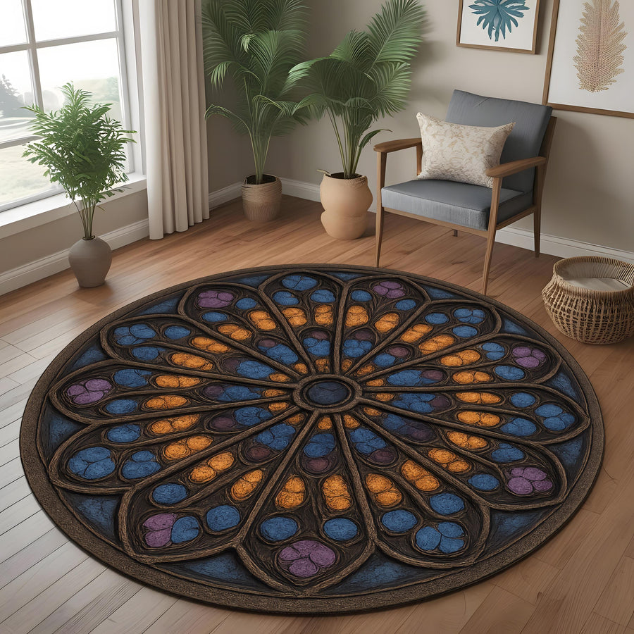 Medieval Tapestry Rose Window Rug: Round Cathedral Stained Glass Design Rug for Artistic or Gothic Interiors