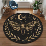 Death Moth Round Rug: Gothic Moth With Skull, Moon And Eye Design Carpet For Mystical And Occult Rooms