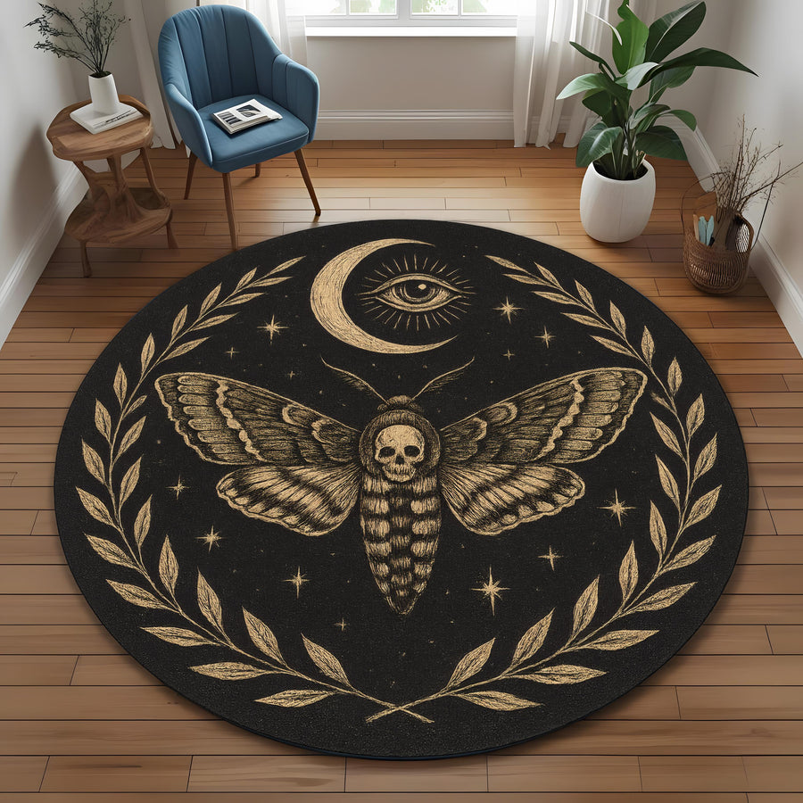 Death Moth Round Rug: Gothic Moth With Skull, Moon And Eye Design Carpet For Mystical And Occult Rooms