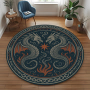 Medieval Tapestry Dragon Rug: Double Serpent Crest Round Rug with Star Symbol for Fantasy and Rustic Interiors