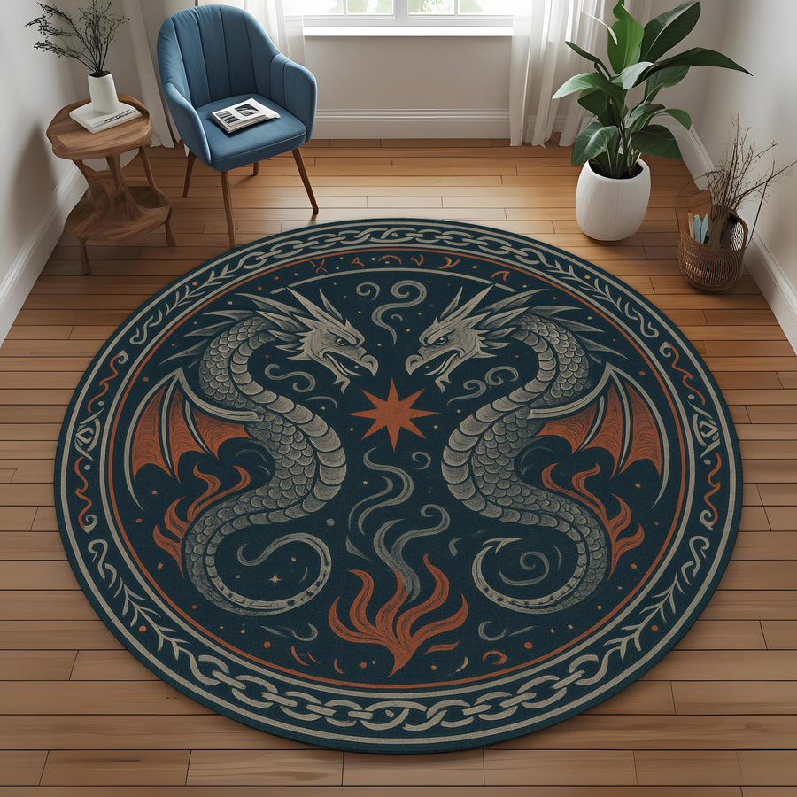 Medieval Tapestry Dragon Rug: Double Serpent Crest Round Rug with Star Symbol for Fantasy and Rustic Interiors