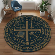 Justice Emblem Round Rug: Honor & Law Crest Carpet with Sword, Gavel, Book and Scales for Office, Library or Medieval Themed Decor